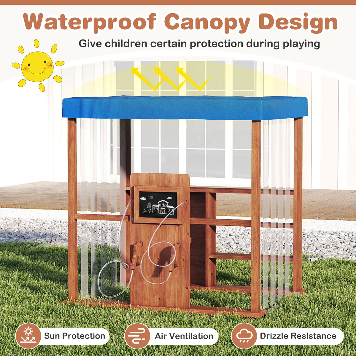 Waterproof canopy design on the wooden outdoor gas station playset