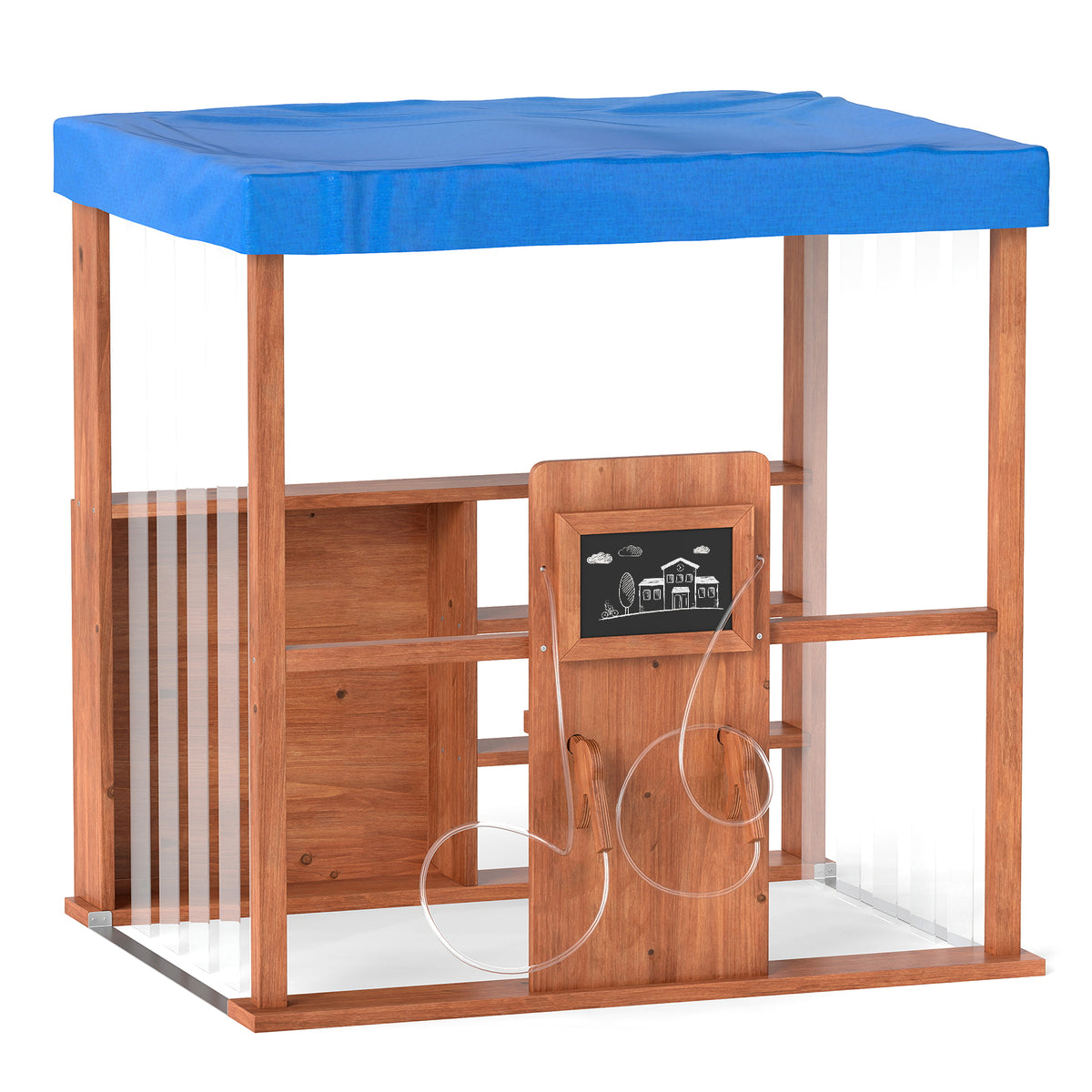 Wooden Outdoor Gas Station Playset with blue canopy and two pretend fuel hoses