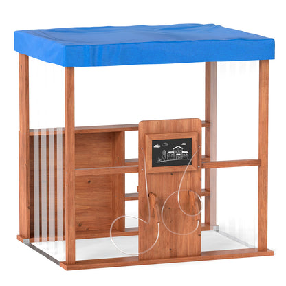 Wooden Outdoor Gas Station Playset with blue canopy and two pretend fuel hoses