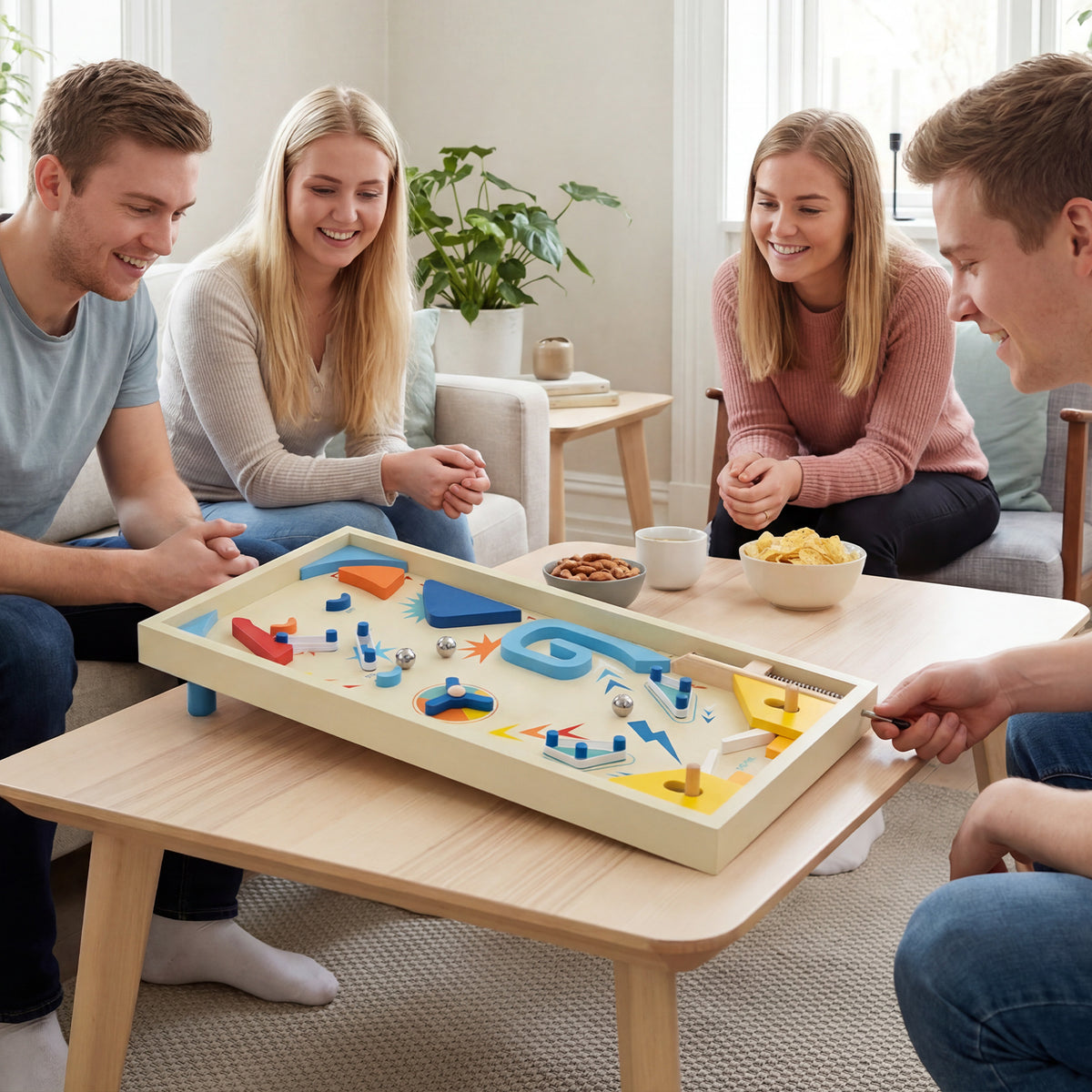 Four young adults sitting around a coffee table enjoying the tabletop game together