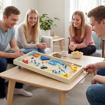 Four young adults sitting around a coffee table enjoying the tabletop game together