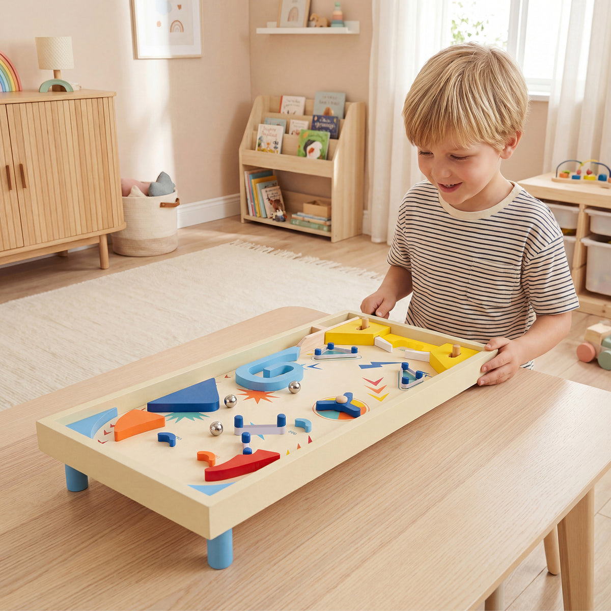 A young boy playing with the tabletop game on a wooden table in a bright living room