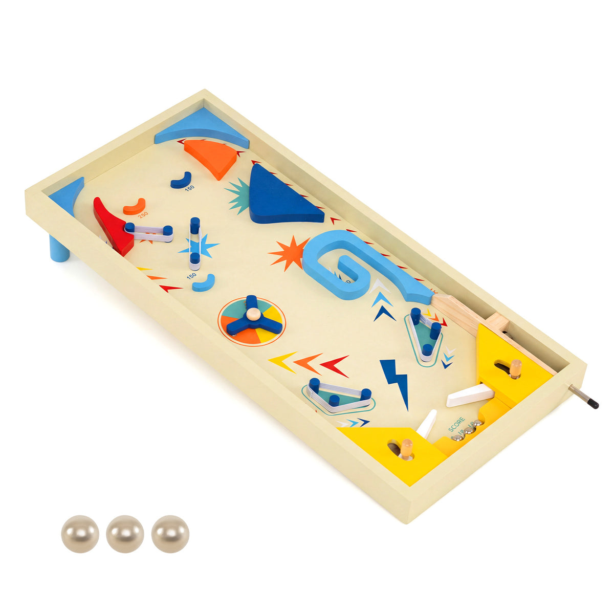 Wooden Pinball Machine Scoring Rotating Track Tabletop Game with three silver balls on a white background