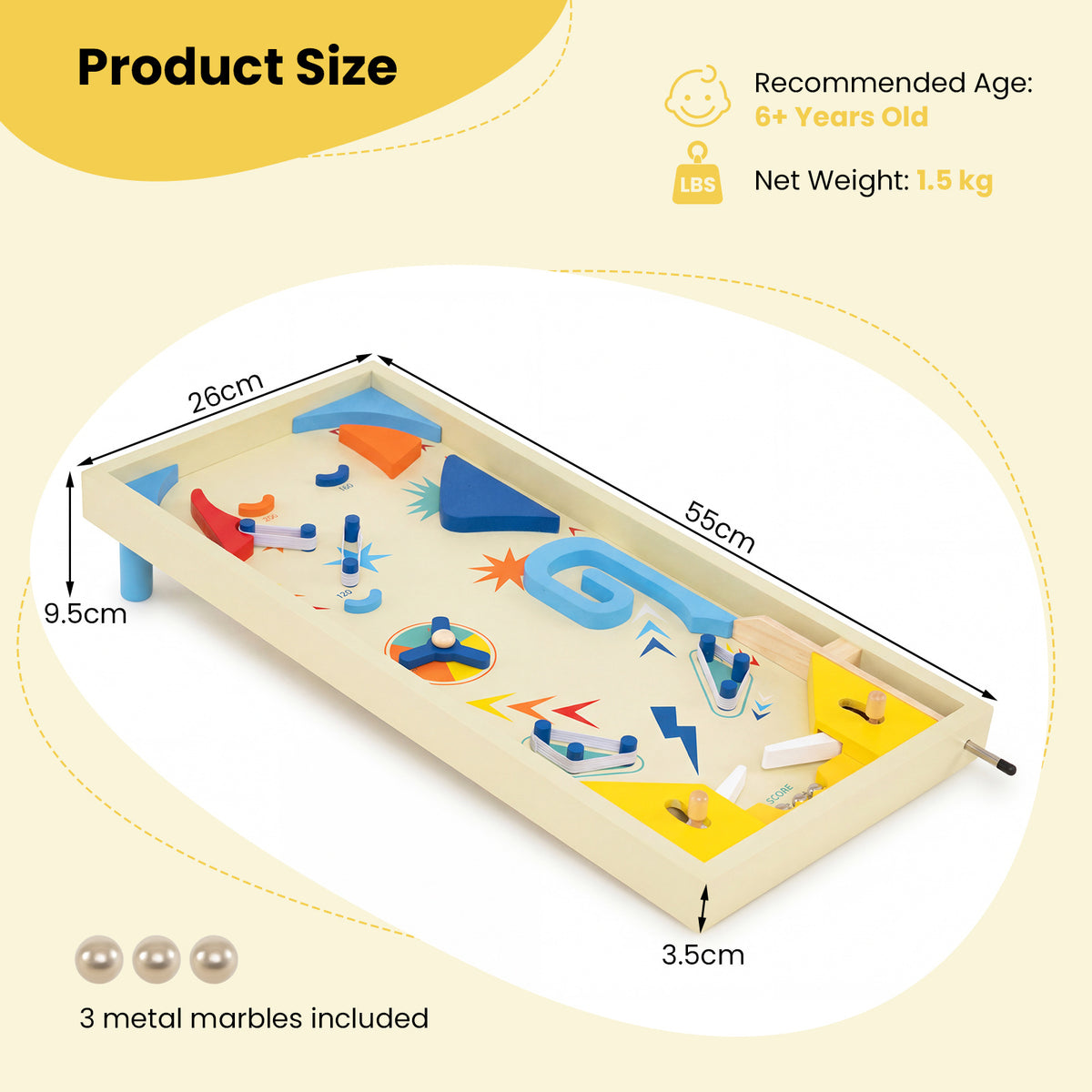 A diagram showing the dimensions of the tabletop game and the included metal marbles