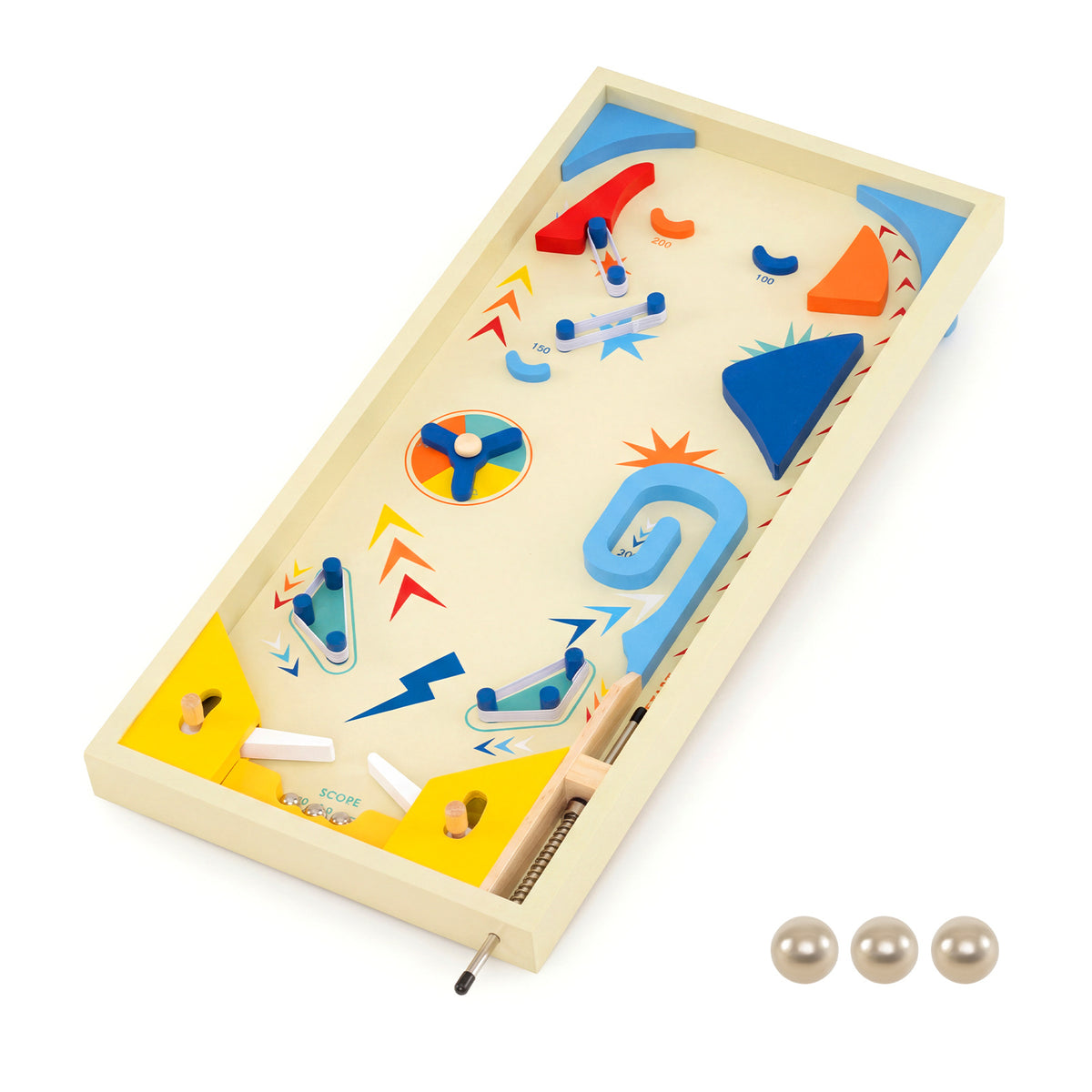 The tabletop game viewed from above showing the colourful track and three metal balls