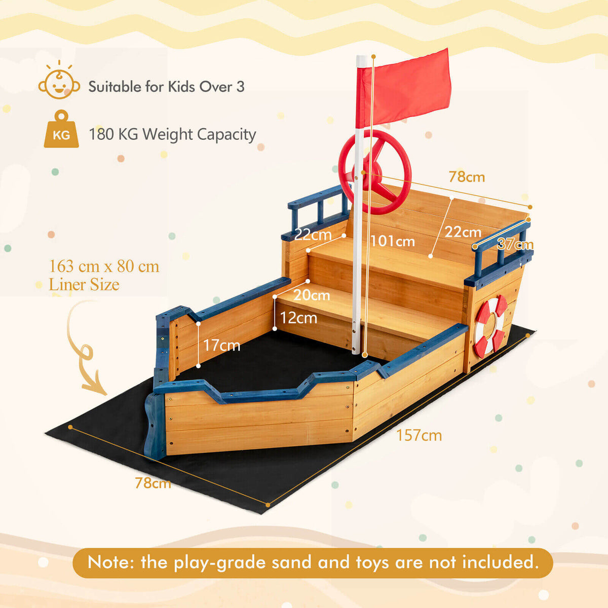 The wooden pirate sandboat sandbox with dimensions and features labelled