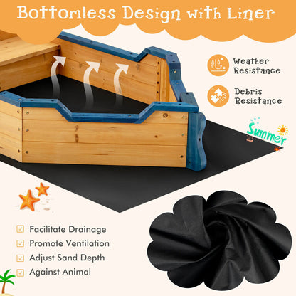 The wooden pirate sandboat sandbox with a liner, detailing drainage and ventilation