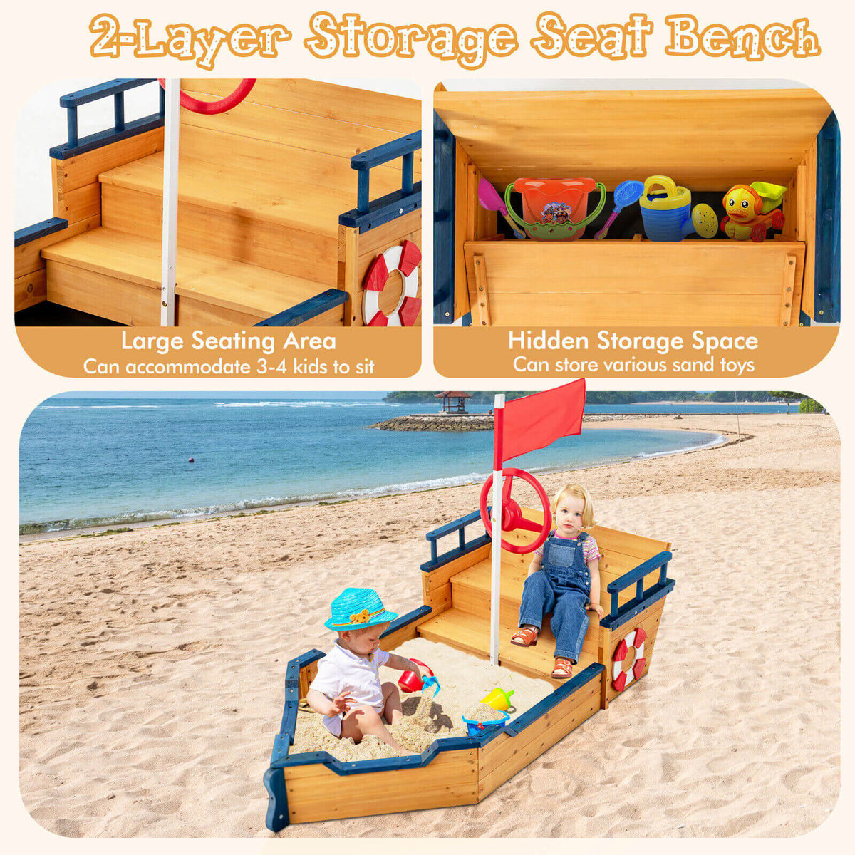 The wooden pirate sandboat sandbox with a bench seat and flag, showing storage compartments