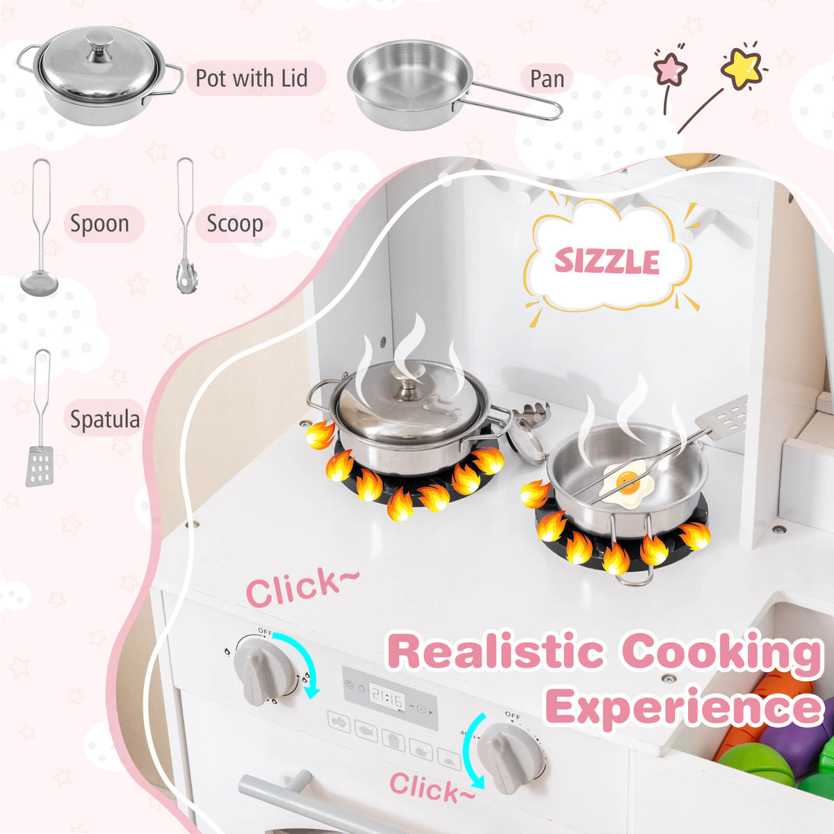 The play kitchen set highlighting the cooking accessories and the interactive stove features