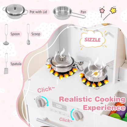 The play kitchen set highlighting the cooking accessories and the interactive stove features