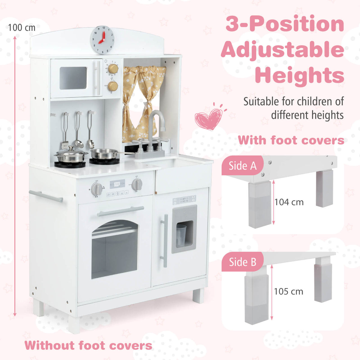 The play kitchen set showing the three different height options with and without foot covers