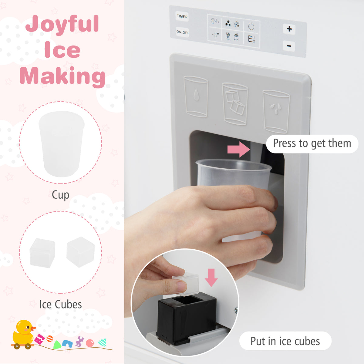 The play kitchen set showing a hand using the ice maker dispenser with cup and ice cubes