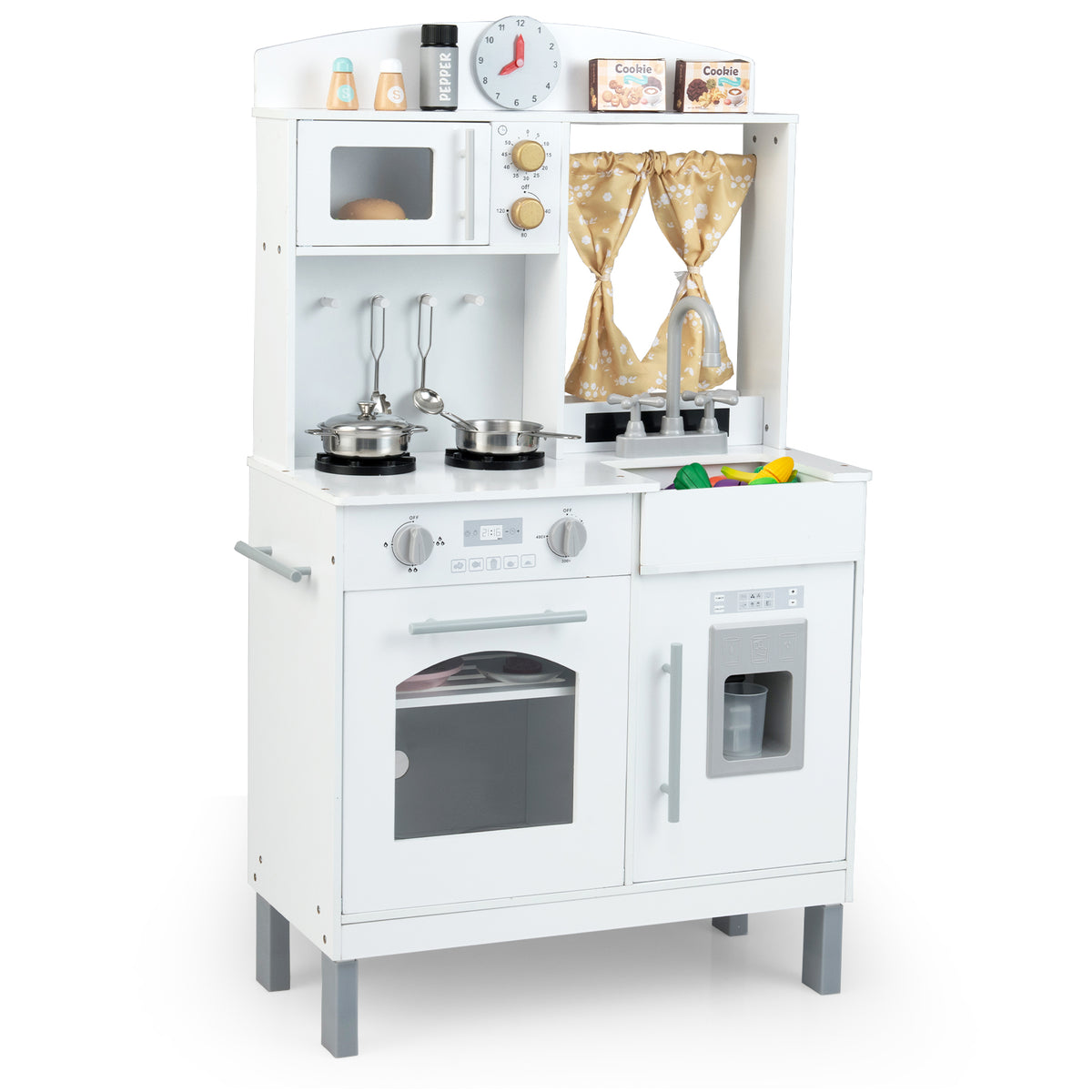 Wooden Play Kitchen with white finish, stove, ice maker and accessories on a plain white background
