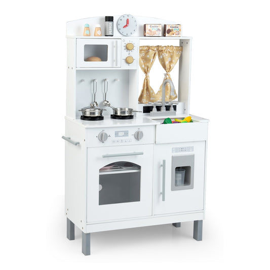 Wooden Play Kitchen with white finish, stove, ice maker and accessories on a plain white background