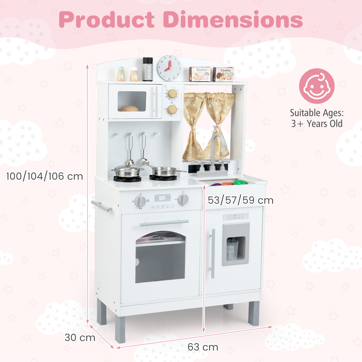 The play kitchen set with arrows and text showing the overall dimensions and suitable age