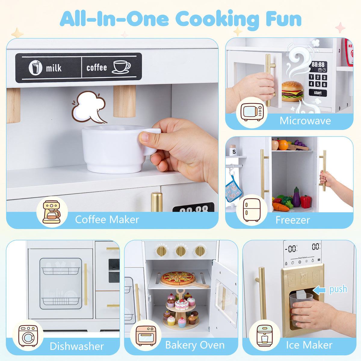 Close up views of the play kitchen features including microwave, freezer, dishwasher, oven and ice maker