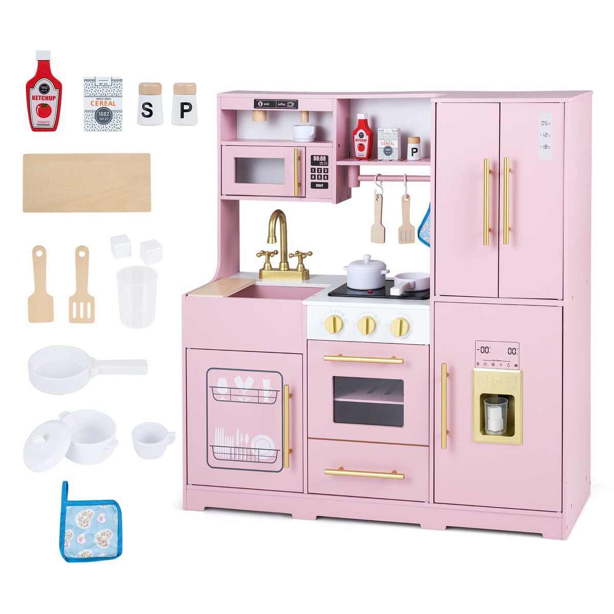 Wooden Play Kitchen for kids with realistic lights and sounds ice maker in pink