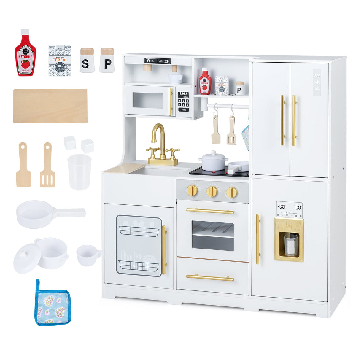 Wooden Play Kitchen for kids with realistic lights and sounds ice maker in white