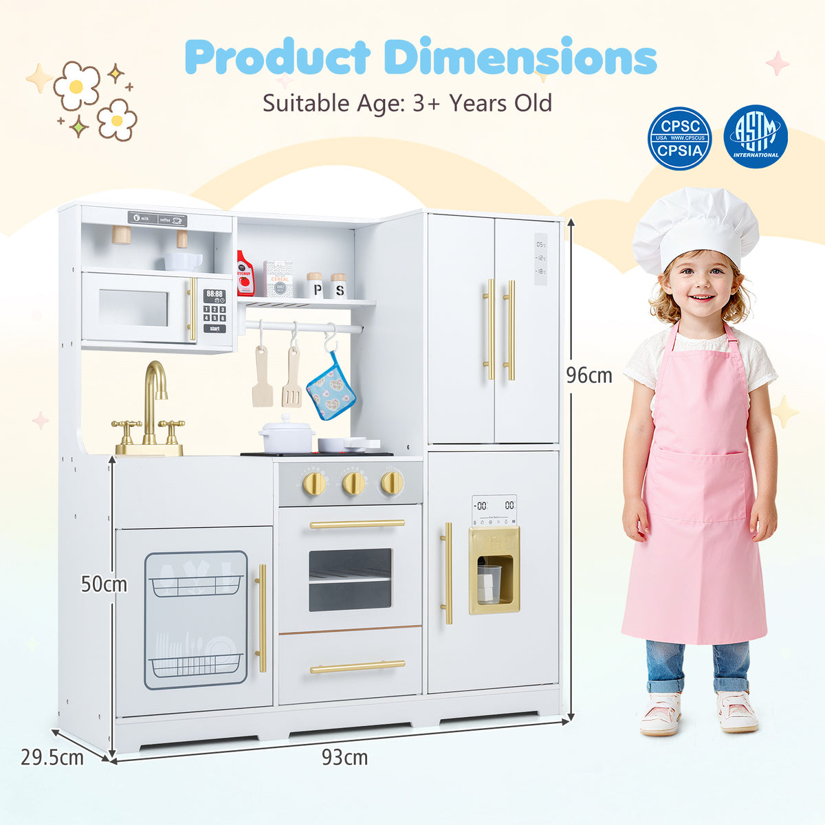 Product dimensions diagram for the white wooden play kitchen set