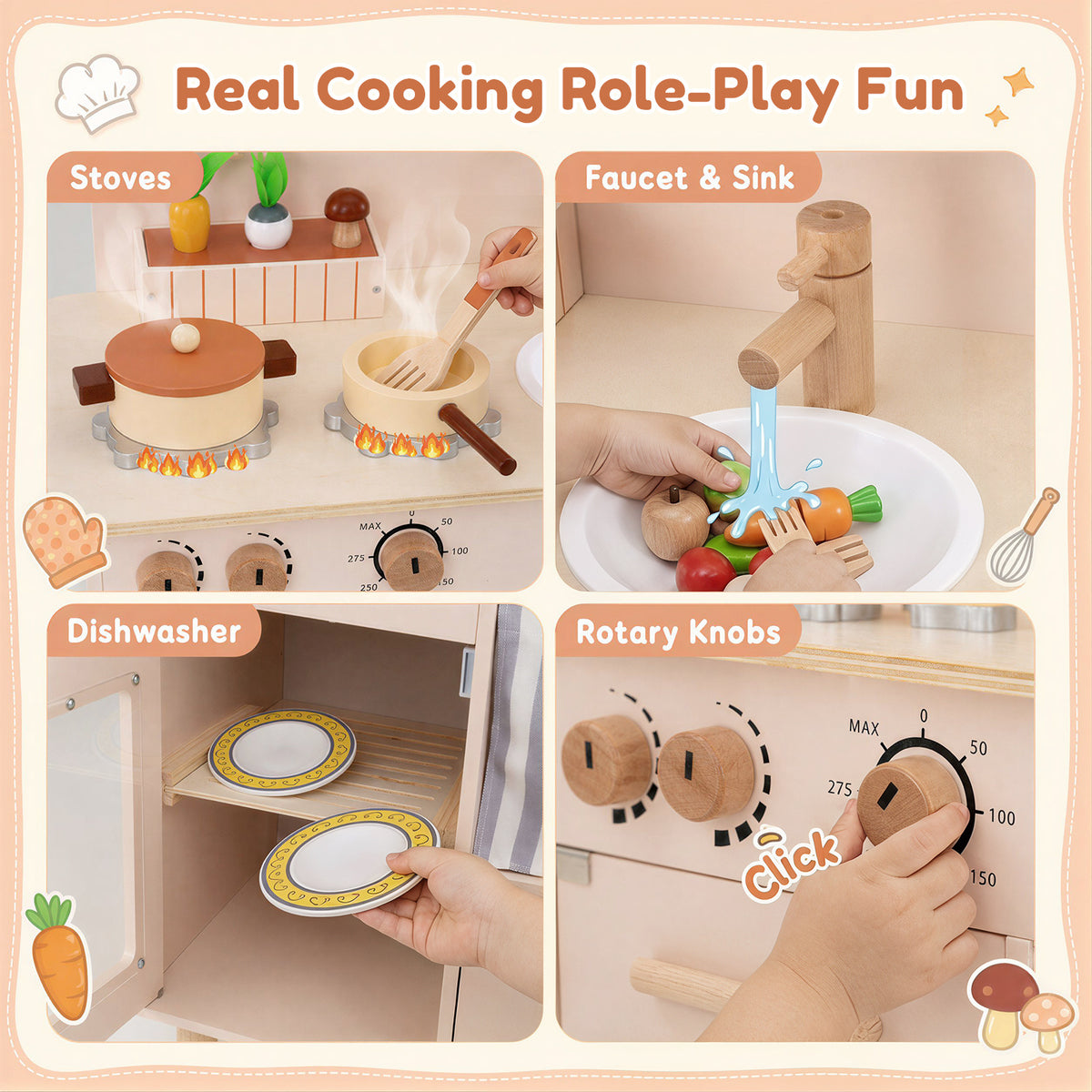 The play kitchen set showing close-up details of the stove, sink, and knobs