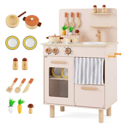 Wooden Play Kitchen Role-Play Gift with various toy accessories and cooking utensils