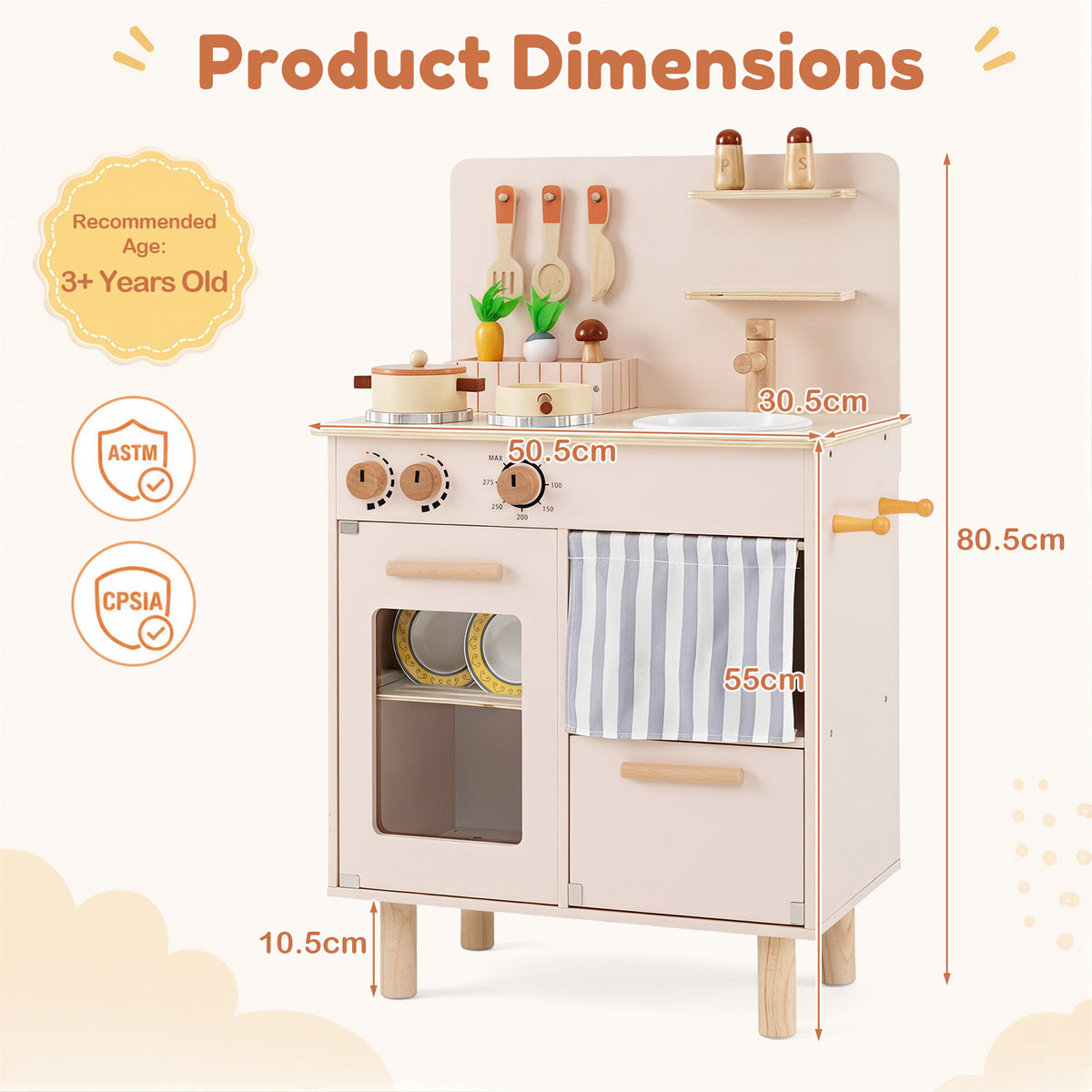 The play kitchen set showing height and width dimensions with age recommendations
