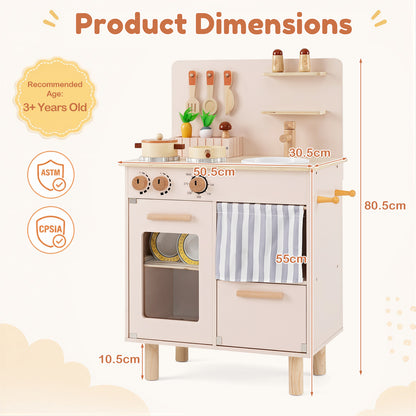 The play kitchen set showing height and width dimensions with age recommendations