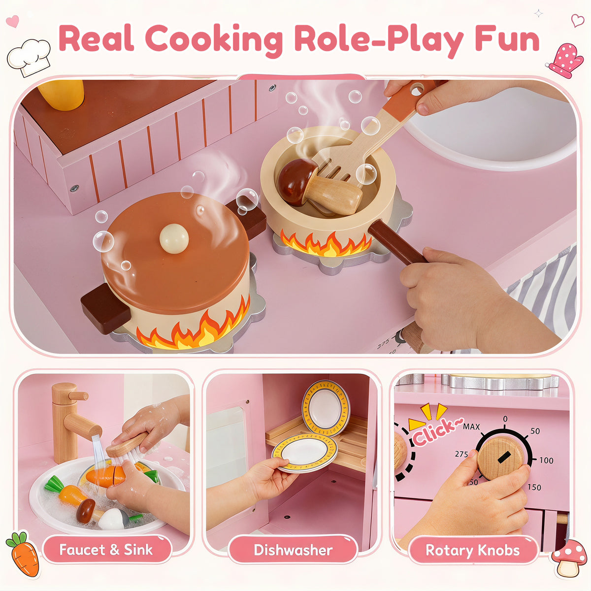 Close-ups of the play kitchen showing the faucet, sink, dishwasher, and rotary knobs