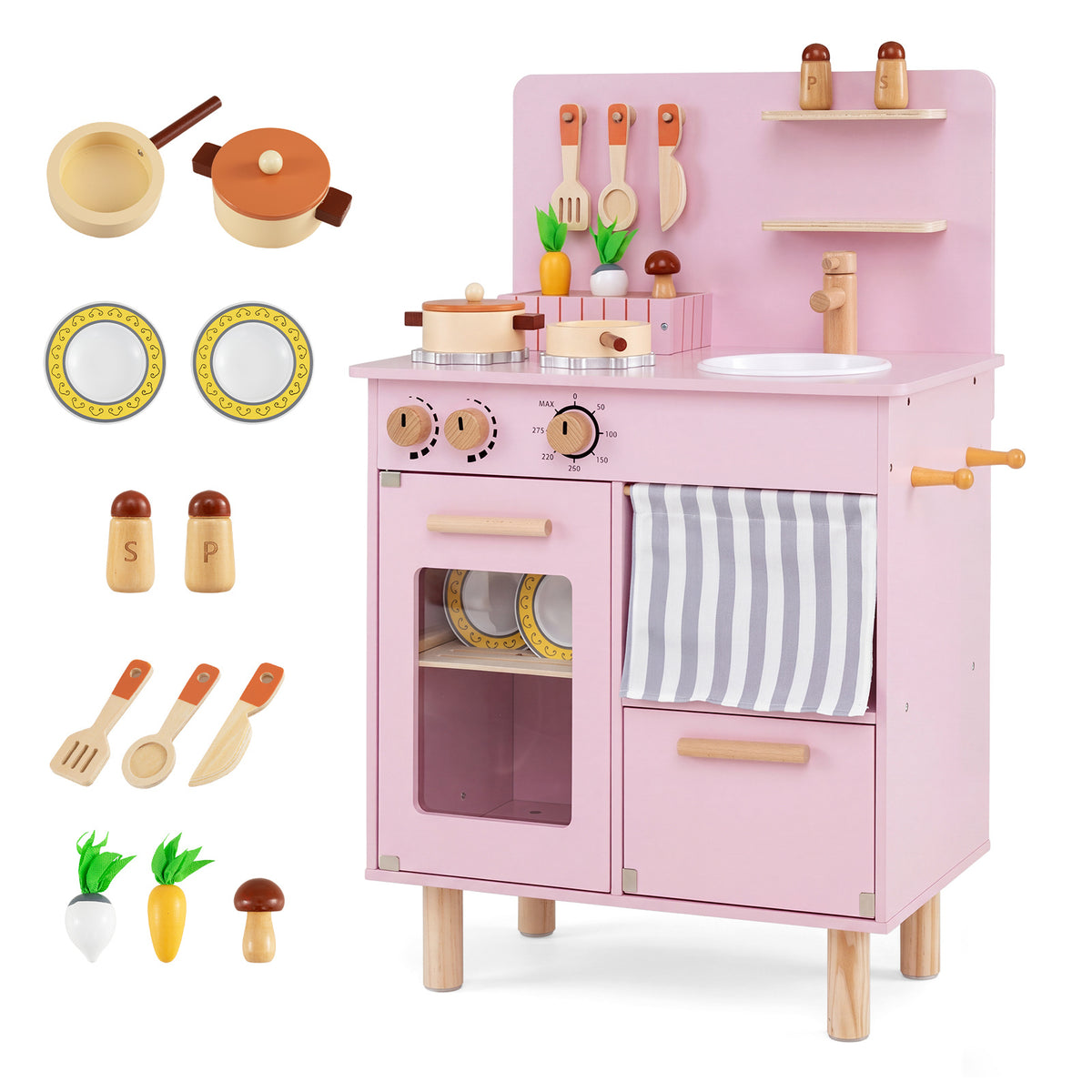 Wooden Play Kitchen Role-Play Gift, a pink wooden play kitchen with pots, pans, utensils and food accessories