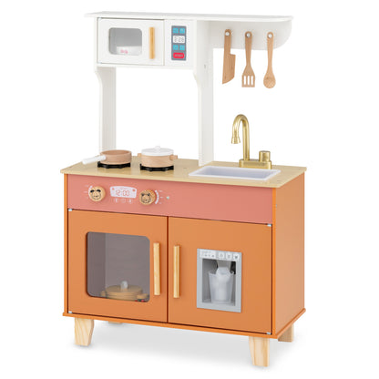 A close-up of the orange and wood toy kitchen, showing the hob and sink area
