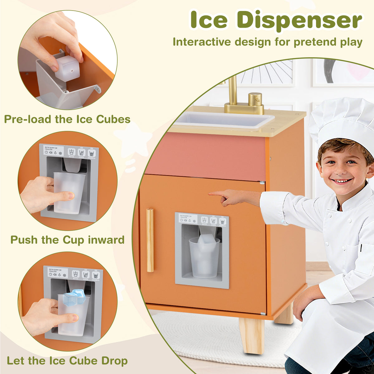 A child using the ice dispenser on the play kitchen, with instructions shown