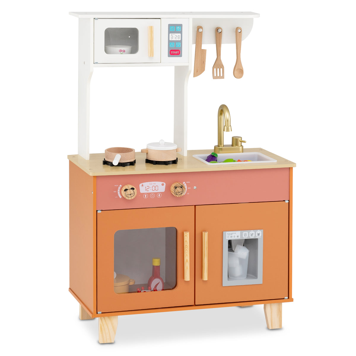 Wooden Play Kitchen with Cookware Accessories for Ages 3-6, a colourful toy kitchen with oven, hob and sink