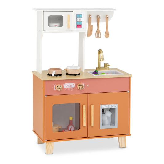 Wooden Play Kitchen with Cookware Accessories for Ages 3-6, a colourful toy kitchen with oven, hob and sink