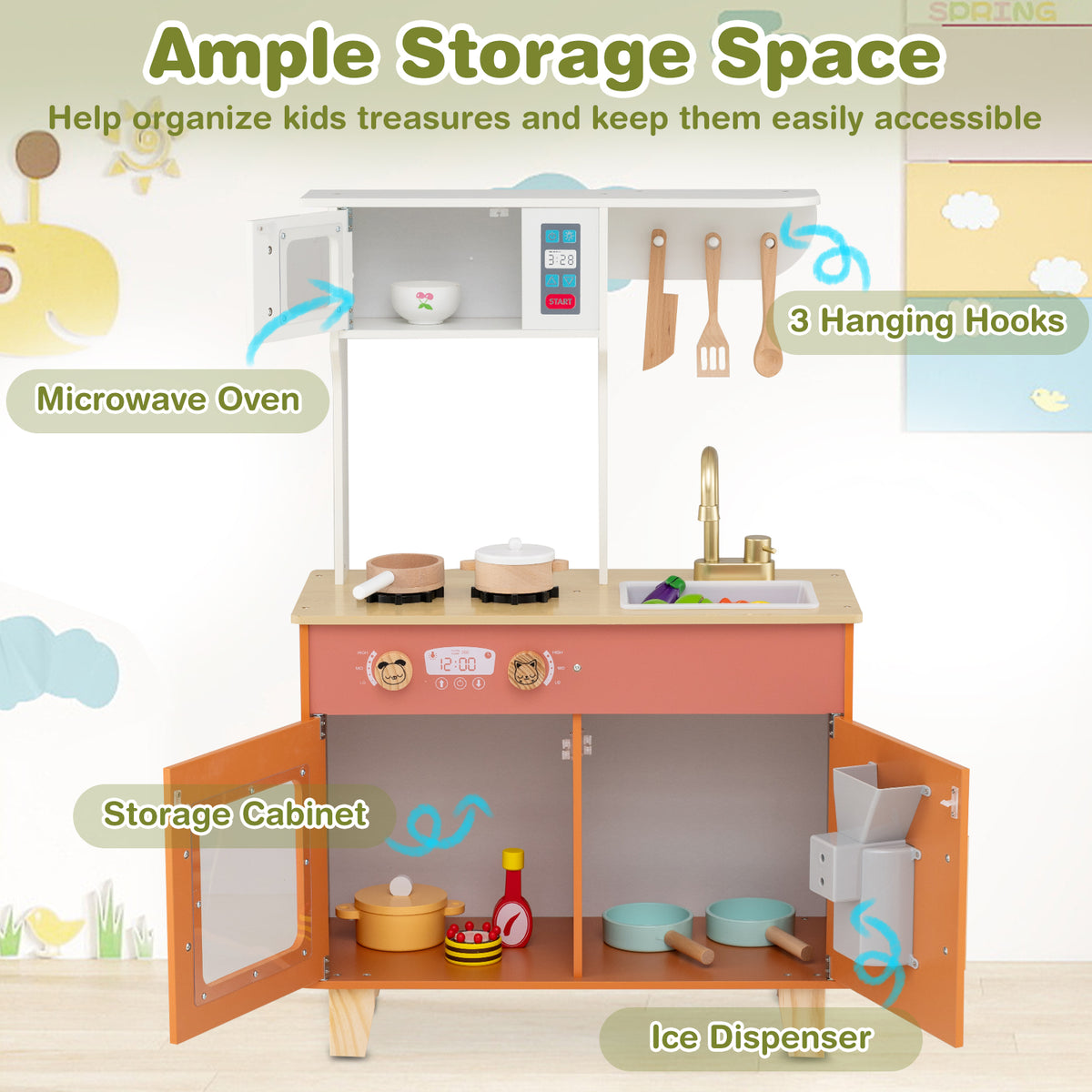 The wooden play kitchen with doors open, showing storage space and accessories
