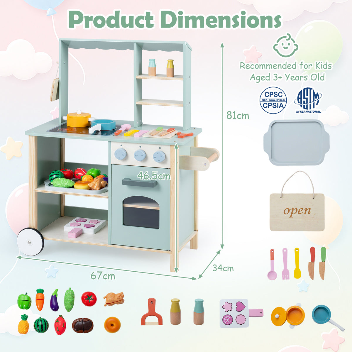 A diagram showing the dimensions of the play kitchen set and its accessories