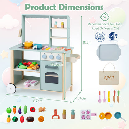 A diagram showing the dimensions of the play kitchen set and its accessories