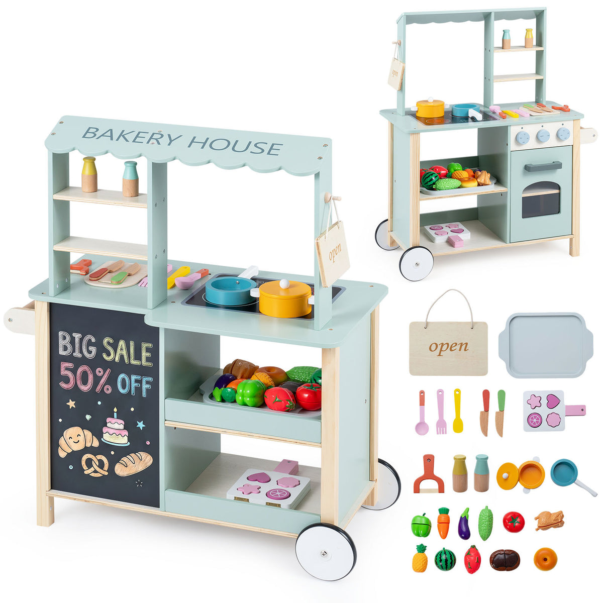The play kitchen set with all its included accessories laid out