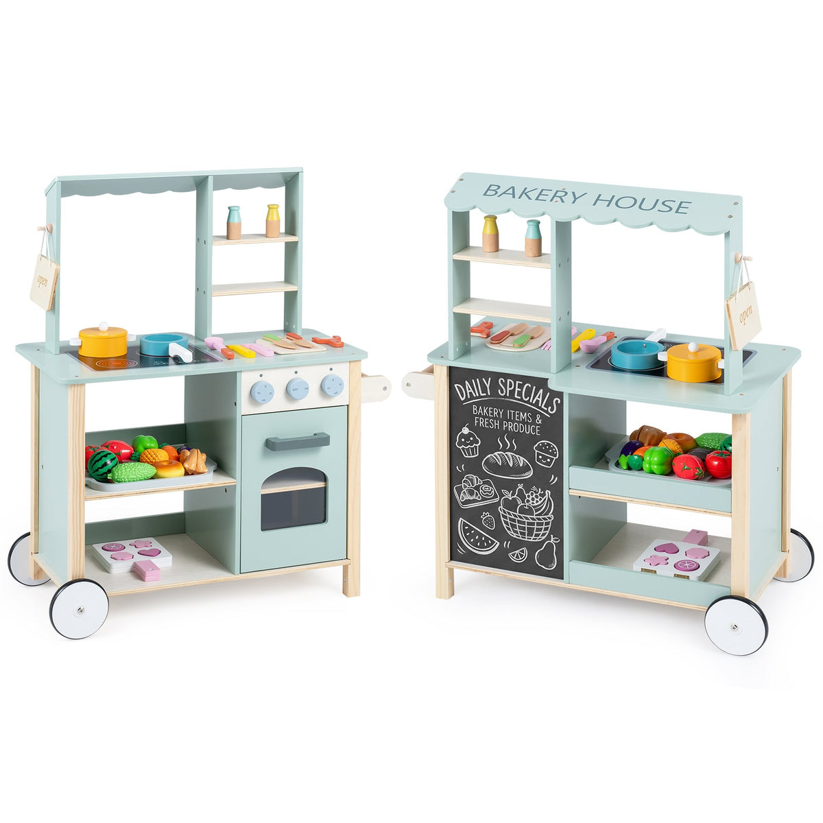 Wooden play kitchen with cookware accessories for children 3+ showing two units side by side