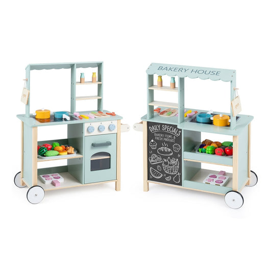 Wooden play kitchen with cookware accessories for children 3+ showing two units side by side