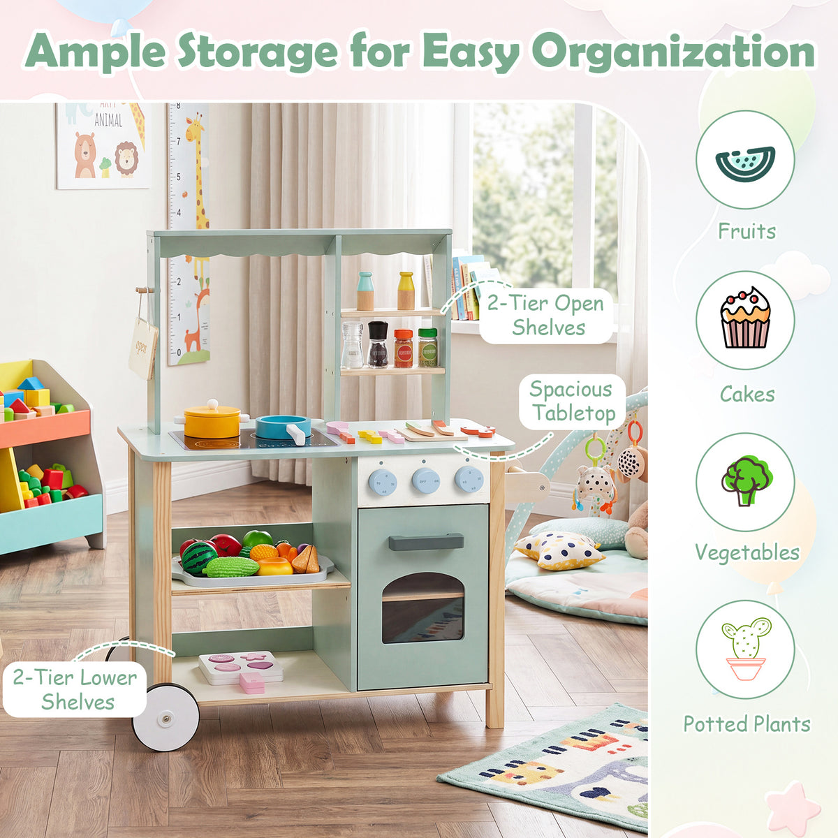 The play kitchen set with ample storage and examples of items to store