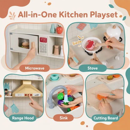 The play kitchen set showing close-up details of the microwave, stove, sink and cutting board
