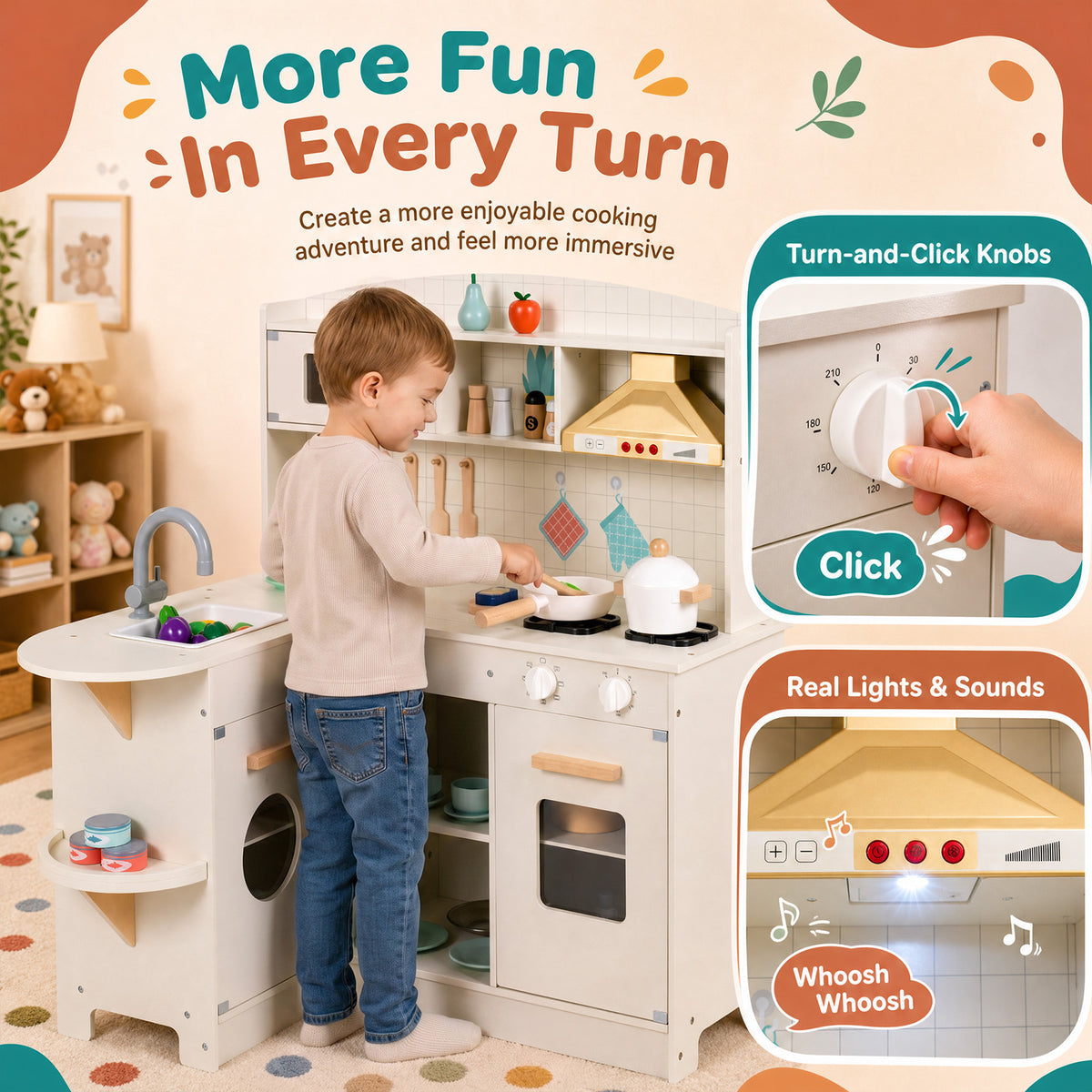 The play kitchen set with close-up inserts showing the clicking knobs and light features
