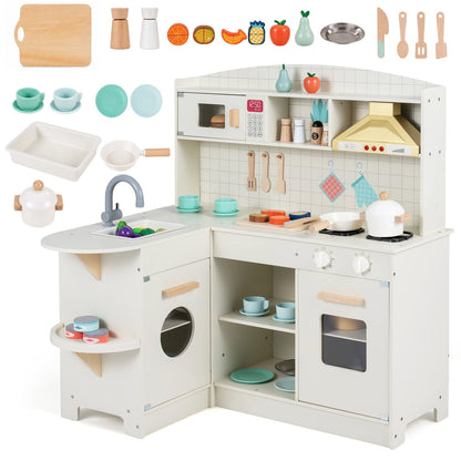 Wooden Play Kitchen shown with all included toy food and kitchen accessories laid out