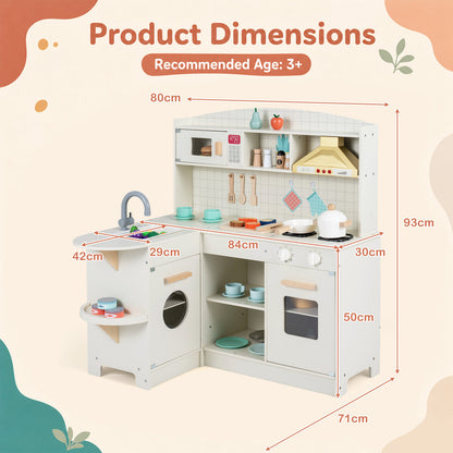 The play kitchen set with red arrows indicating the height and width measurements