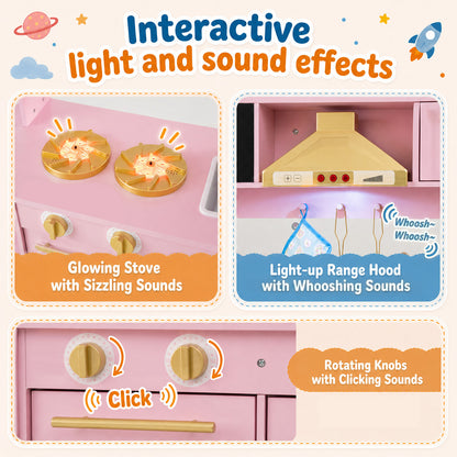 The play kitchen set showing close-up details of the stove lights and interactive sound features