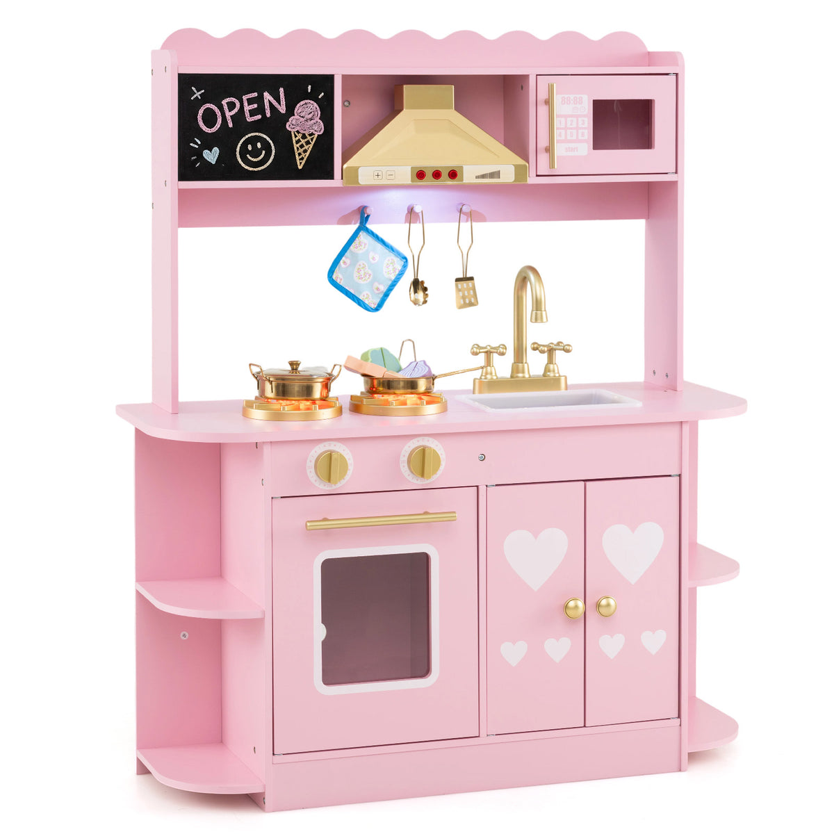 The play kitchen set featuring a chalkboard menu and golden taps on a plain white background
