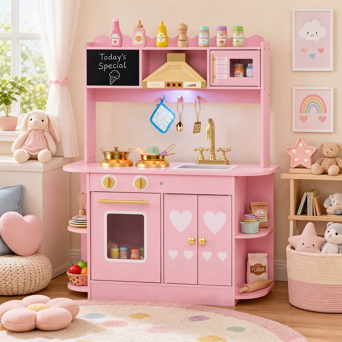 The play kitchen set displayed in a decorated child bedroom with soft toys and a round rug