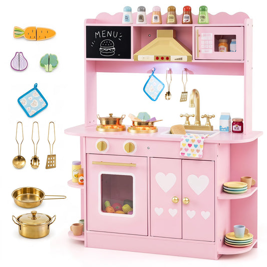 Wooden Play Kitchen shown with all included accessories and play food items on a white background