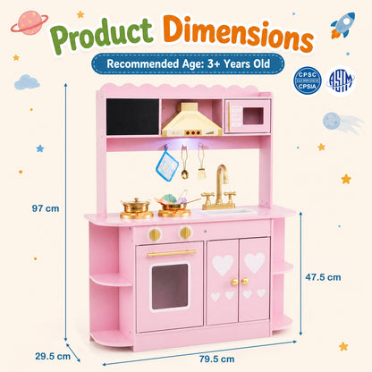 The play kitchen set with arrows showing height width and depth measurements on a light background