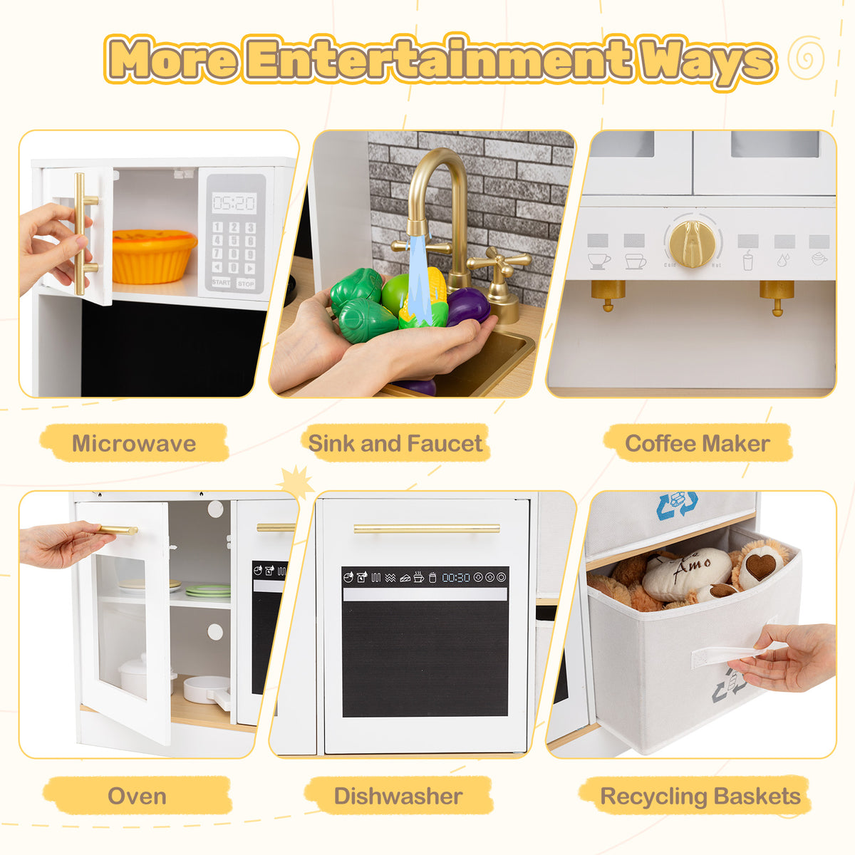 Collage showing different features of the play kitchen including microwave, sink and oven